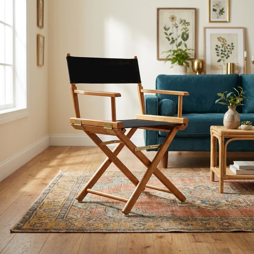 Black Director's Chair, Honey Oak Frame, 18-Inch Seat Folding