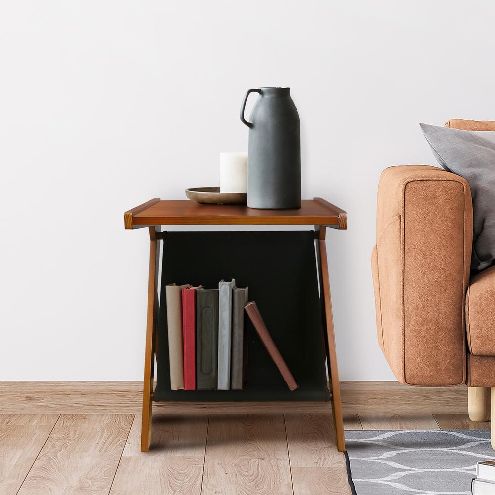 Casual Home Z-Shaped Sofa Side Table with Canvas Storage Basket - Chestnut