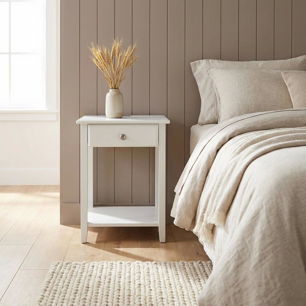 White Nightstand with Usb Port and Single Drawer for Bedroom Storage