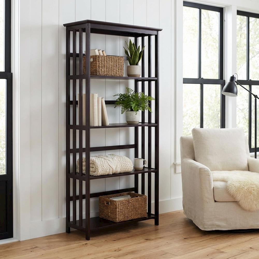 Espresso Mission Style 5-Shelf Bookcase for Living Room Storage