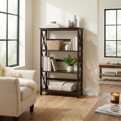 Espresso 4-Shelf Bookcase with Spacious Storage and Sturdy Construction