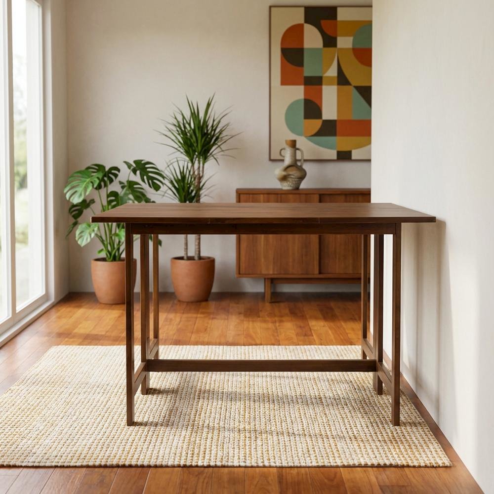 Warm Brown Folding Console to Dining Table, Solid Wood, Seats 4