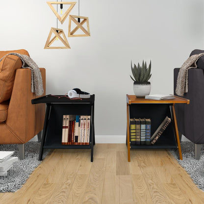 Casual Home Z-Shaped Sofa Side Table with Canvas Storage Basket - Chestnut