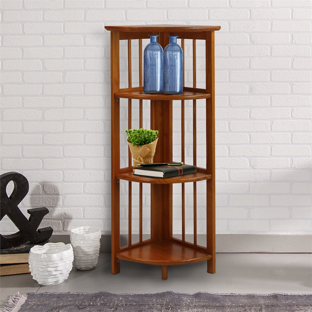 4-Shelf Corner Folding Bookcase-Honey Oak