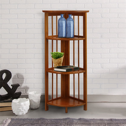 4-Shelf Corner Folding Bookcase-Honey Oak