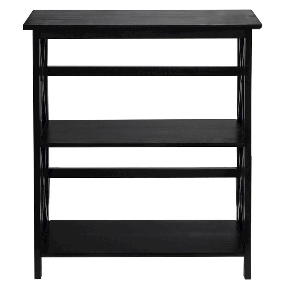 Black 3 Tier Bookshelf with Solid Wood Frame and X-Design Style