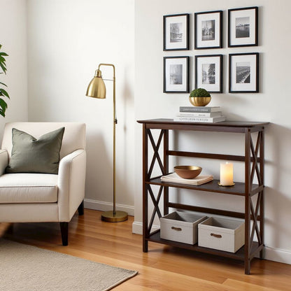 Walnut Brown 3 Tier Bookshelf with Solid Wood Frame and X-Design Style