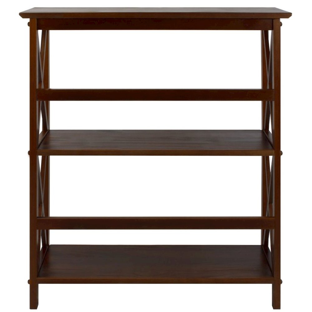 Walnut Brown 3 Tier Bookshelf with Solid Wood Frame and X-Design Style