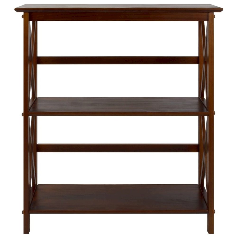 Walnut Brown 3 Tier Bookshelf with Solid Wood Frame and X-Design Style