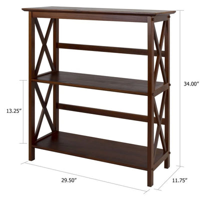 Walnut Brown 3 Tier Bookshelf with Solid Wood Frame and X-Design Style