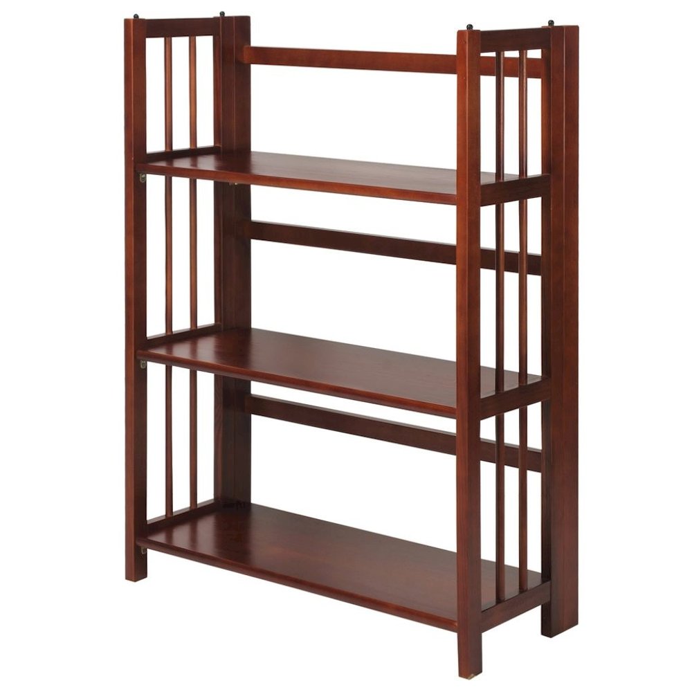 Brown Walnut Folding Bookshelf with 3 Shelves and Solid Wood Foldable Frame