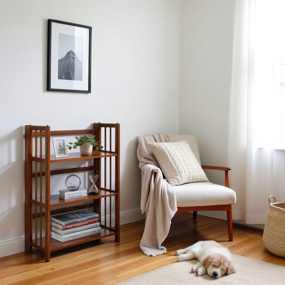 Brown Walnut Folding Bookshelf with 3 Shelves and Solid Wood Foldable Frame