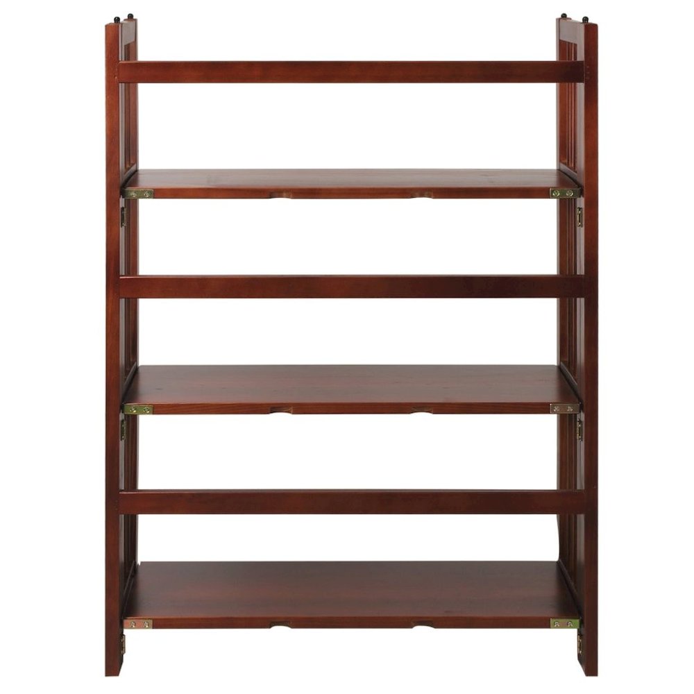 Brown Walnut Folding Bookshelf with 3 Shelves and Solid Wood Foldable Frame