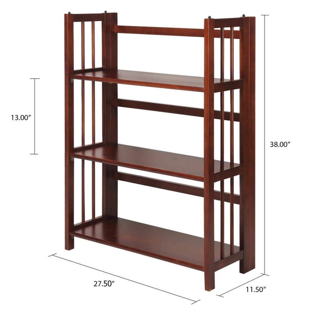 Brown Walnut Folding Bookshelf with 3 Shelves and Solid Wood Foldable Frame