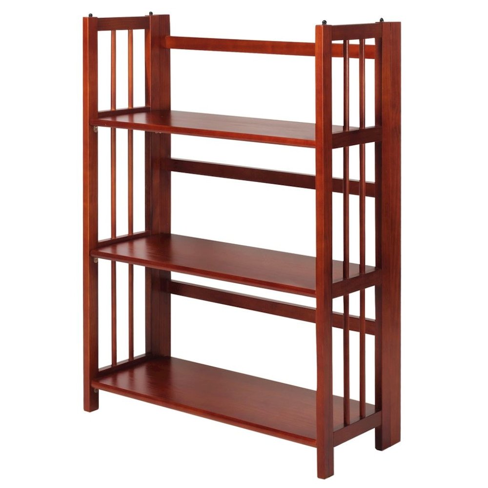Mahogany Foldable Bookshelf with Solid Wood Frame and 3 Shelves