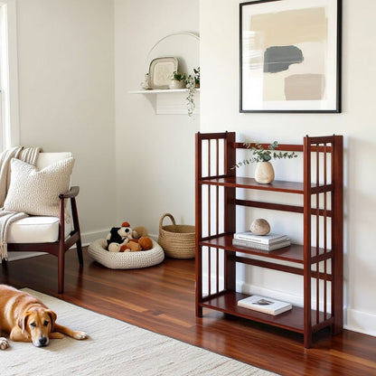 Mahogany Foldable Bookshelf with Solid Wood Frame and 3 Shelves