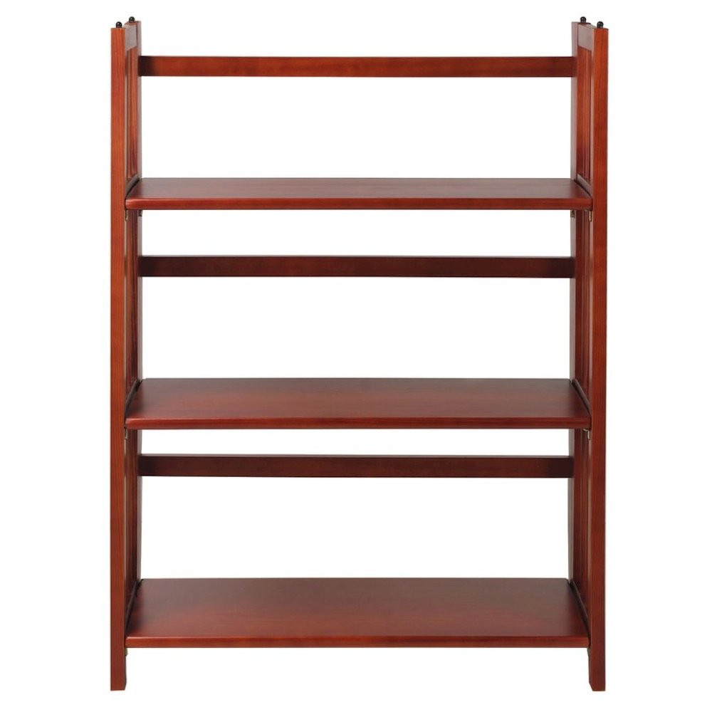 Mahogany Foldable Bookshelf with Solid Wood Frame and 3 Shelves