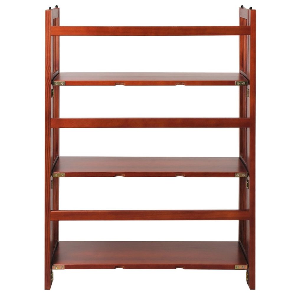 Mahogany Foldable Bookshelf with Solid Wood Frame and 3 Shelves