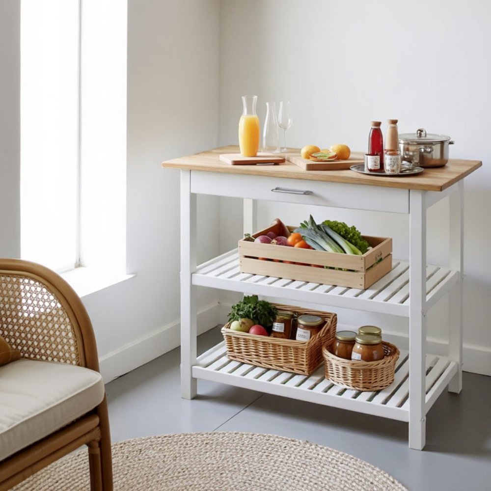 White Kitchen Island Table with Storage, Drawer and Open Counter 2 Shelves