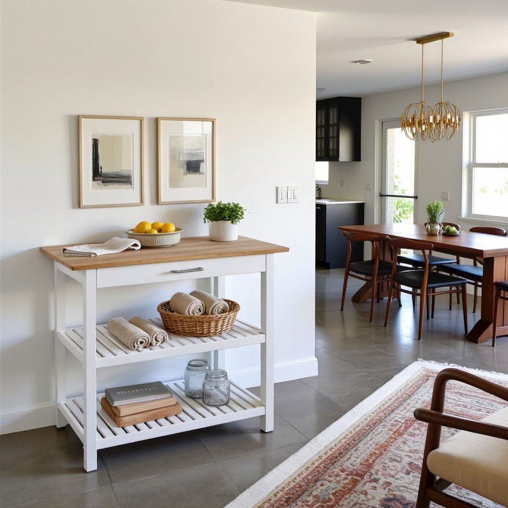 White Kitchen Island Table with Storage, Drawer and Open Counter 2 Shelves