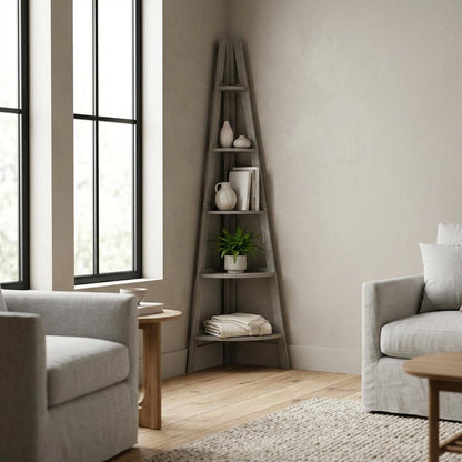 Tall wooden bookcase with five shelves and sturdy construction