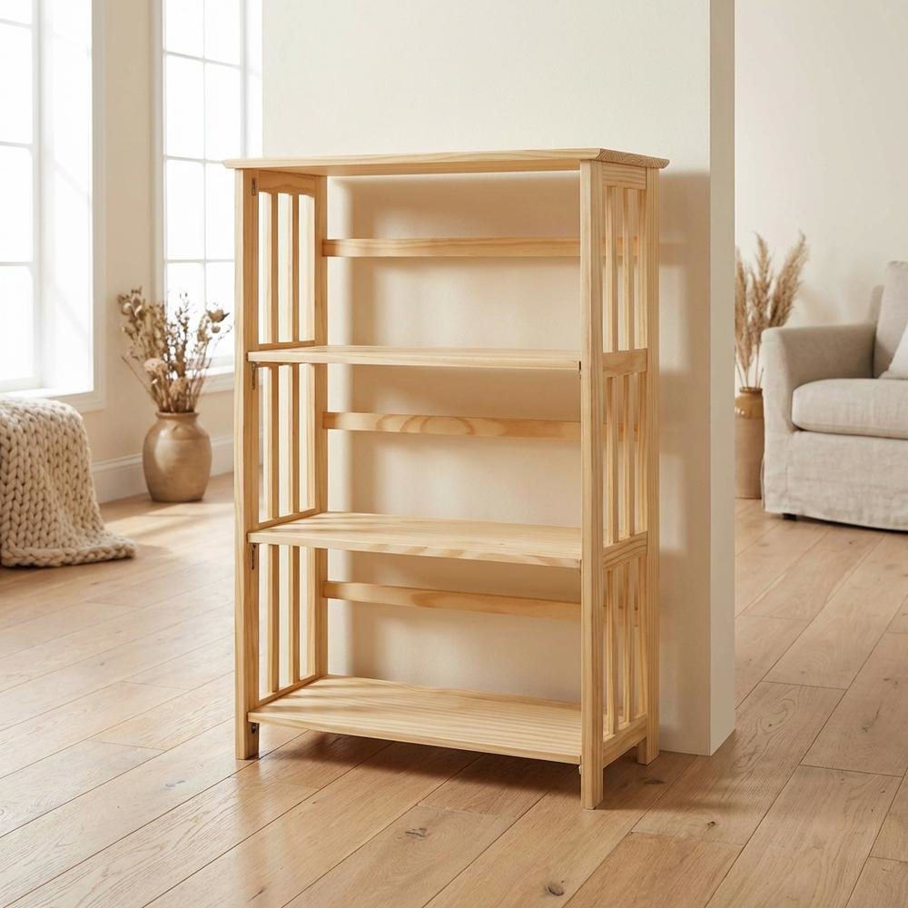 Wood-finish folding bookcase with 4 shelves and 50 lb capacity