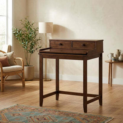 Mid Century Modern Wooden Computer Desk with Drawers and Hidden Compartment
