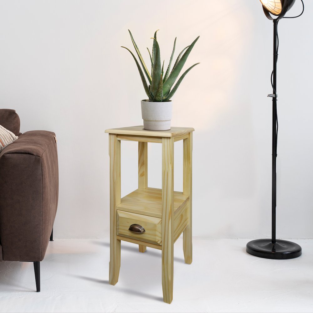 2-Tier Tall Side Table with Drawer - Natural
