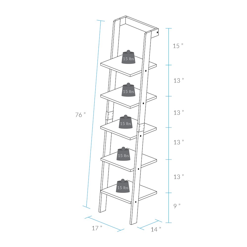 5-Tier Leaning Ladder Bookcase with Solid American Gum Shelves - Black/Walnut