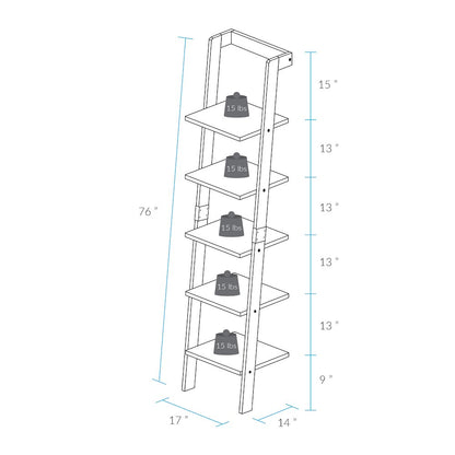 5-Tier Leaning Ladder Bookcase with Solid American Gum Shelves - Black/Walnut