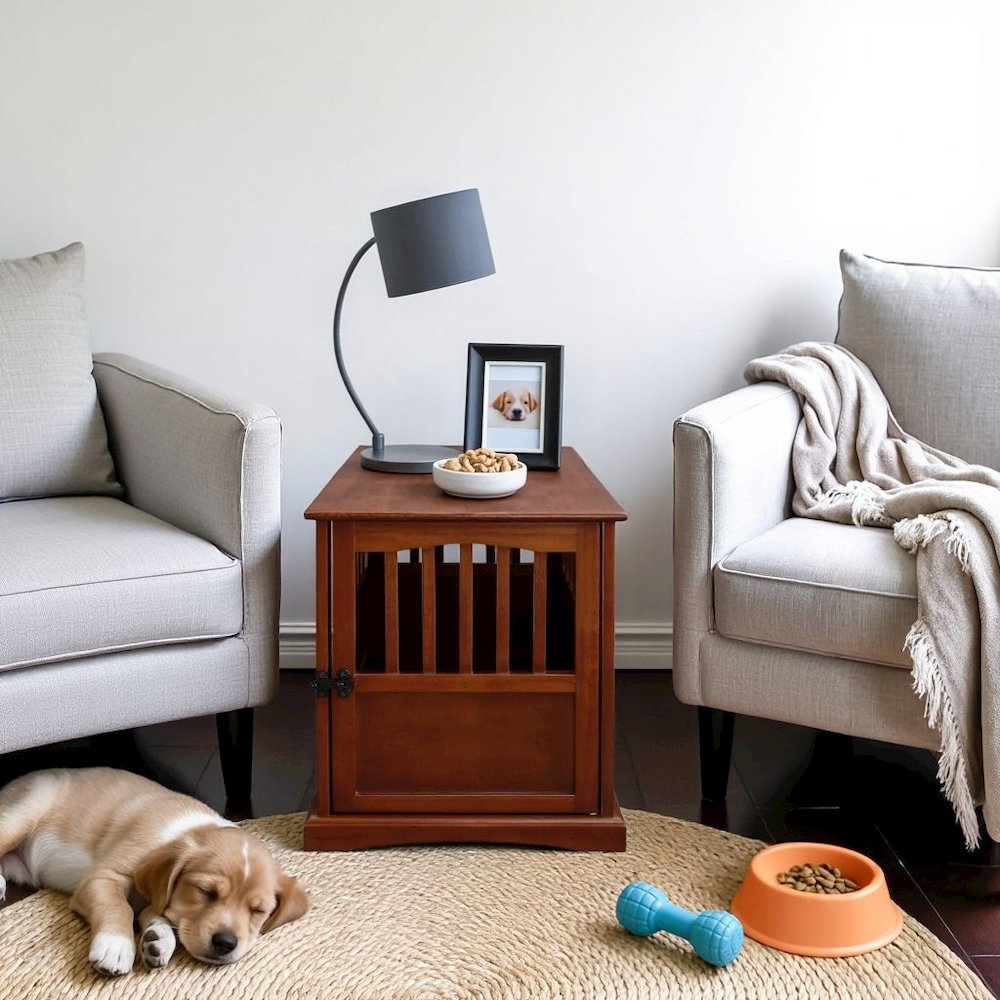 Walnut Dog Kennel Furniture with Gate, Solid Wood Dog Crate End Table
