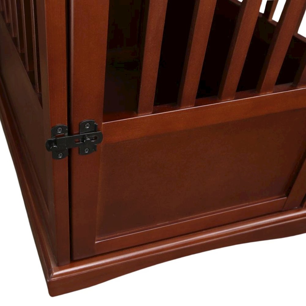 Walnut Dog Kennel Furniture with Gate, Solid Wood Dog Crate End Table