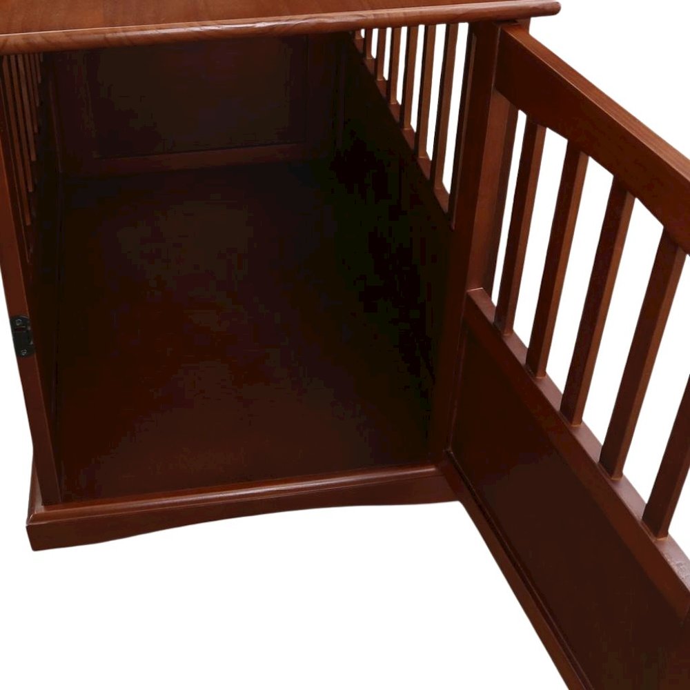 Walnut Dog Kennel Furniture with Gate, Solid Wood Dog Crate End Table