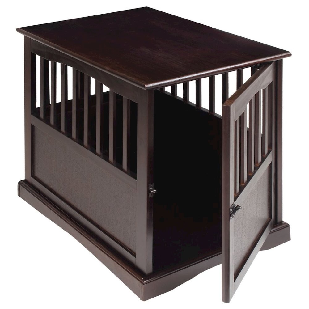Brown Dog Kennel Furniture with Gate, Solid Wood Dog Crate End Table