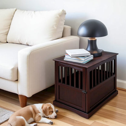 Brown Dog Kennel Furniture with Gate, Solid Wood Dog Crate End Table