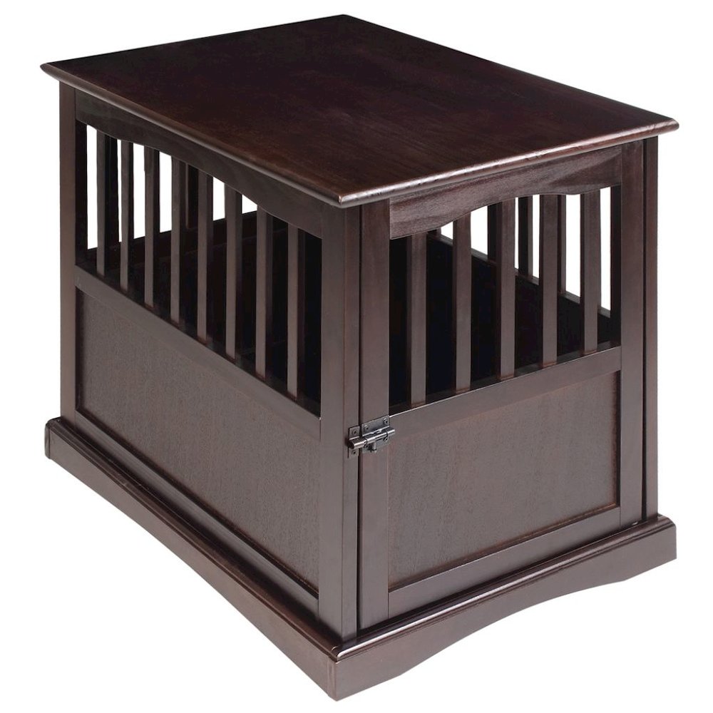 Brown Dog Kennel Furniture with Gate, Solid Wood Dog Crate End Table