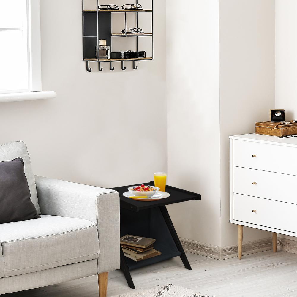 Casual Home Z-Shaped Sofa Side Table with Canvas Storage Basket - Black