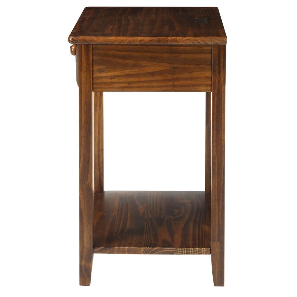 Warm Brown Real Wood Night Stand with Drawer, Open Shelf and USB Charging Ports