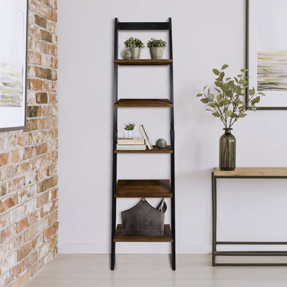5-Tier Leaning Ladder Bookcase with Solid American Gum Shelves - Black/Walnut