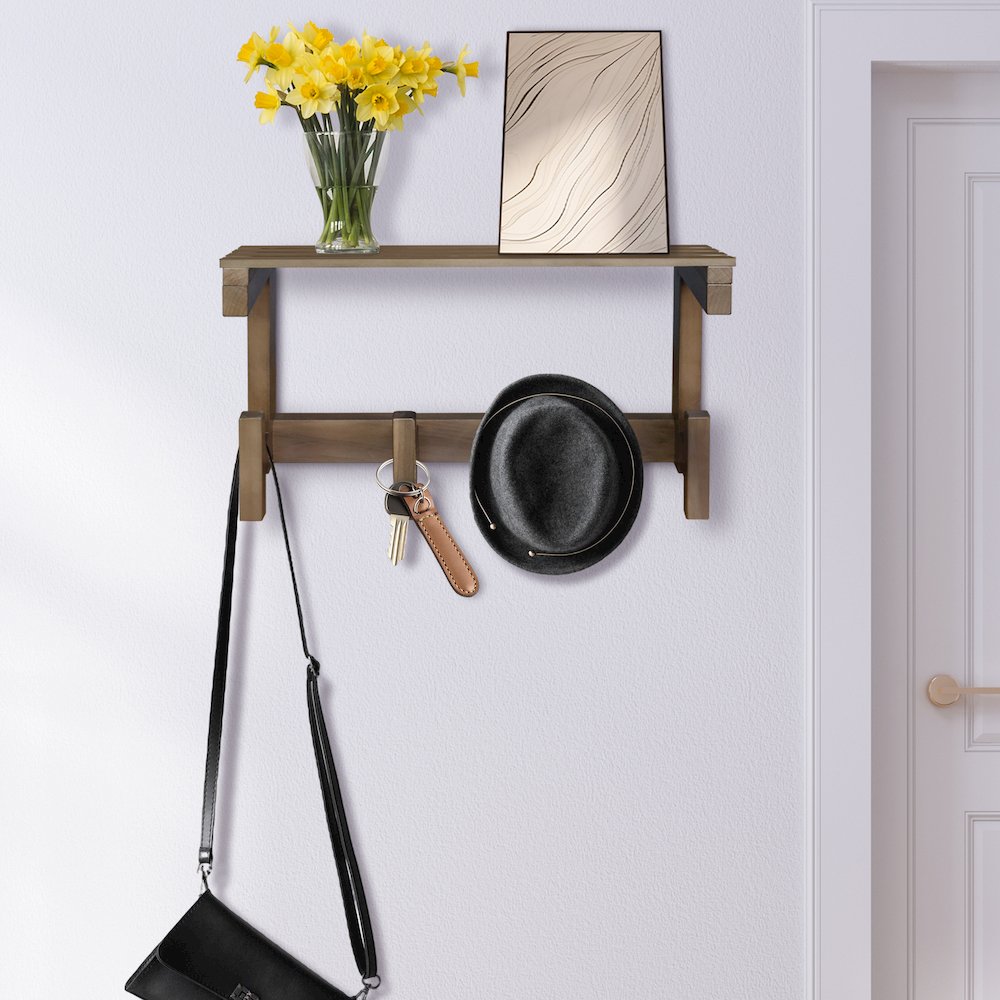 100% Solid American Hardwood Floating Wall Mounted Hook with Shelf - Autumn Gray