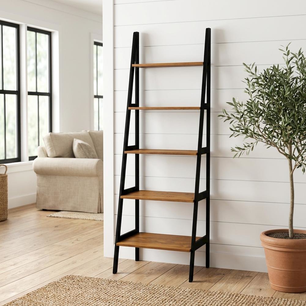 Rustic Brown and Black 5-Shelf Ladder Bookcase with Sturdy Frame