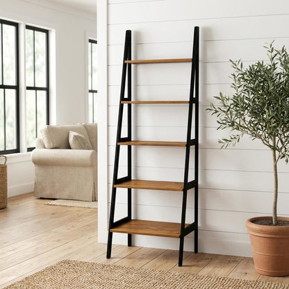 Rustic Brown and Black 5-Shelf Ladder Bookcase with Sturdy Frame