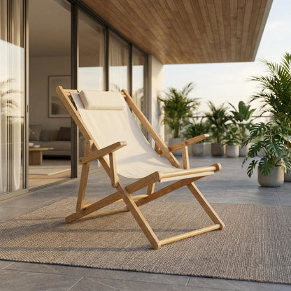 Beige Sling Chair, Natural Wood Frame, Folding Outdoor Accent