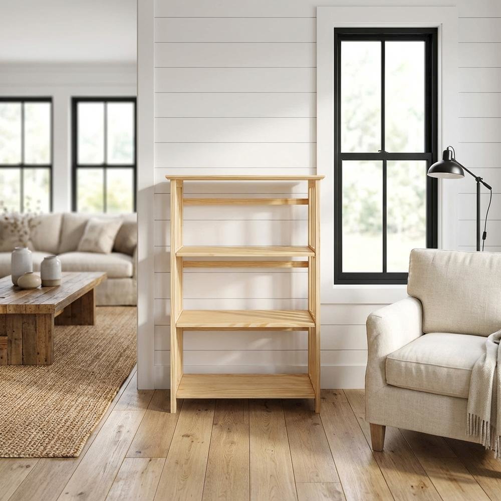 Wood-finish folding bookcase with 4 shelves and 50 lb capacity