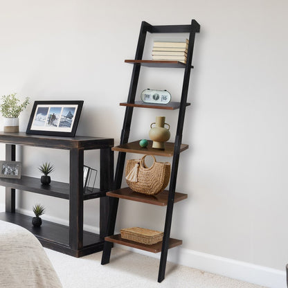 5-Tier Leaning Ladder Bookcase with Solid American Gum Shelves - Black/Walnut
