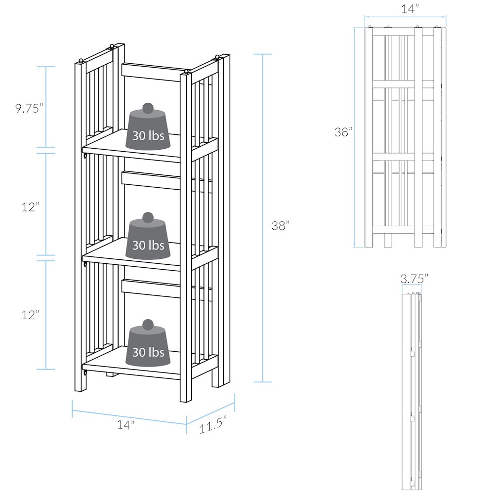 3-Shelf Folding Bookcase 14" Wide, Slate Gray