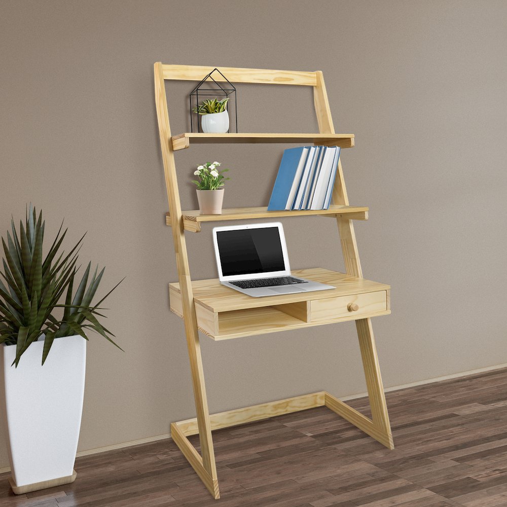 Freestanding Ladder Desk with Drawer, Natural