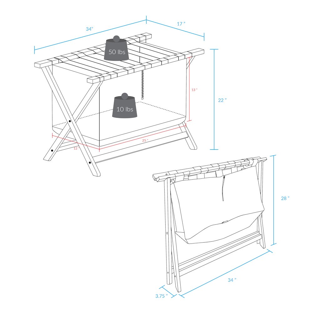 Heavy Duty 34" Extra Wide Luggage Rack with Zippered Laundry Bag- Walnut