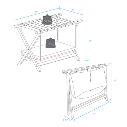 Heavy Duty 34" Extra Wide Luggage Rack with Zippered Laundry Bag- Walnut
