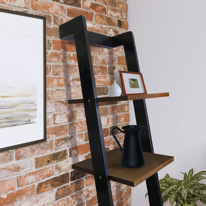 5-Tier Leaning Ladder Bookcase with Solid American Gum Shelves - Black/Walnut